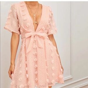 Pink plunge dot detail dress